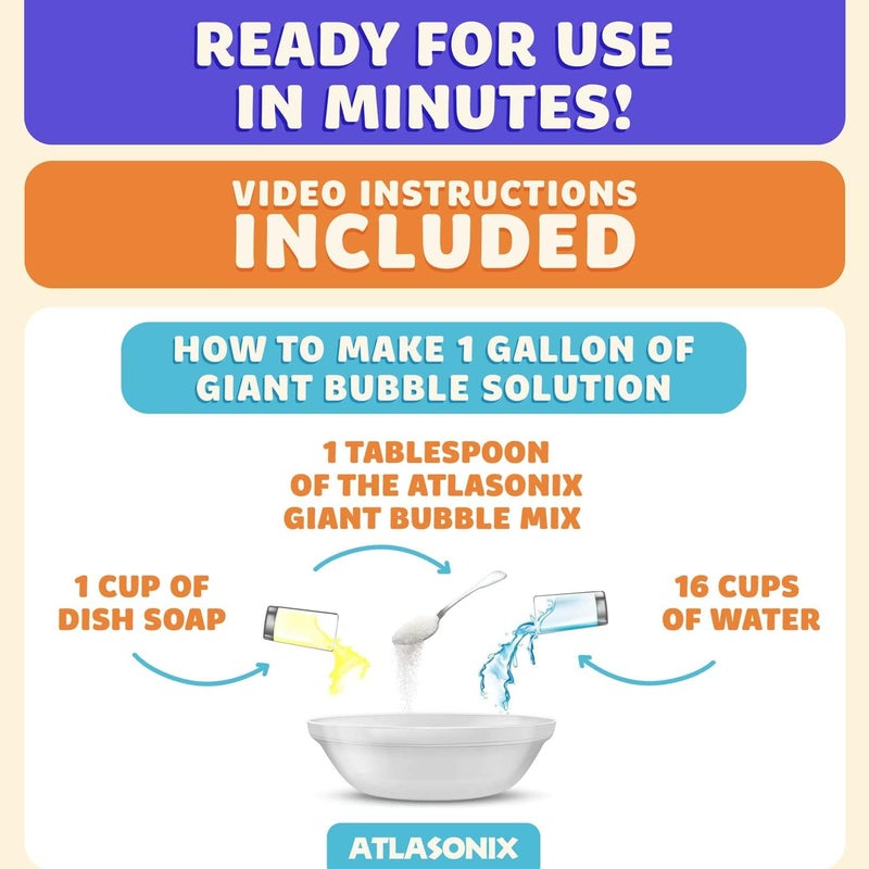 Atlasonix Giant Bubble Wands Kit | Incl. Wand, Bubble Mix for 2 Gallons of Natural Bubble Solution, and Tips & Trick Booklet | Super Bubbles Maker for Kids & Toddlers - Image 3