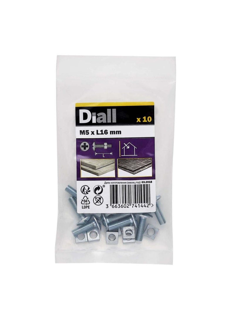 ACE Zinc Plated Carbon Steel Roofing Square Nut And Bolt Pack M5 X 16 Mm 10 Piece