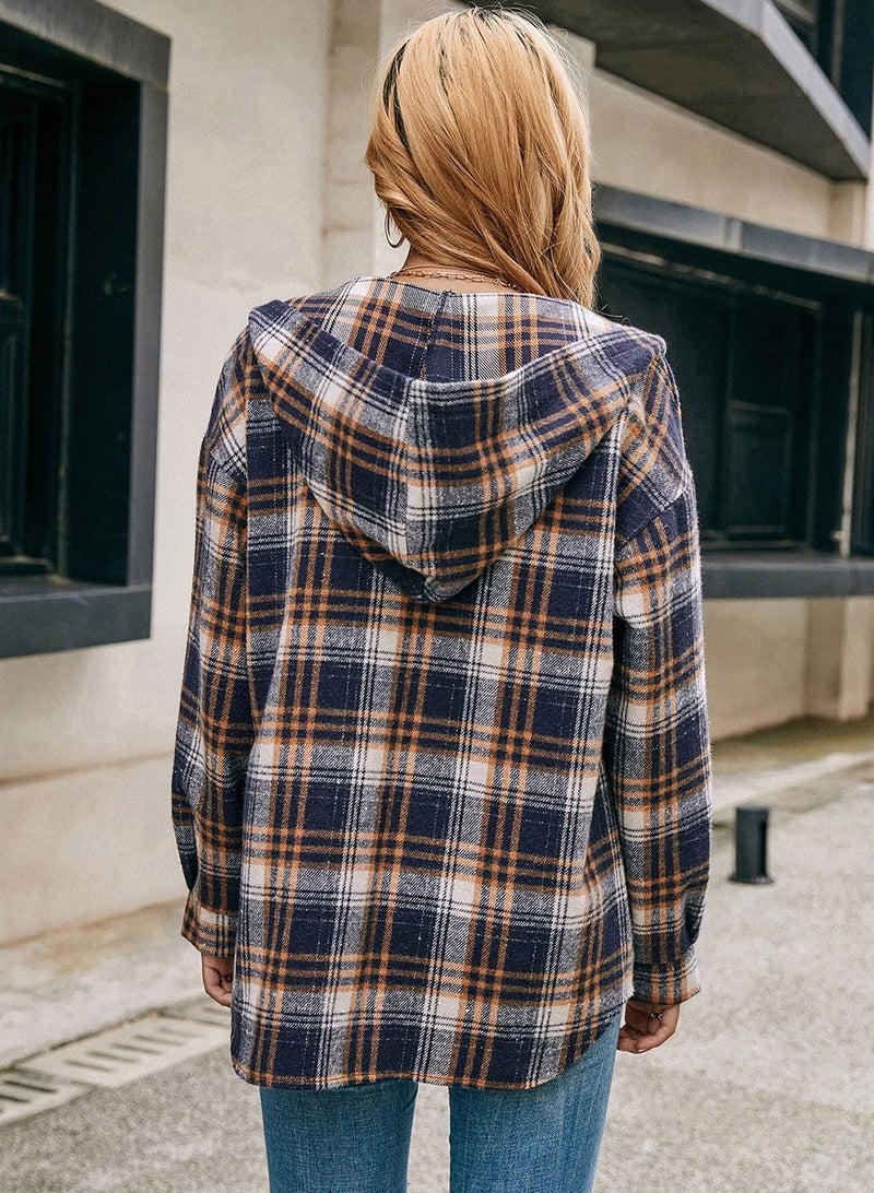 Loquat Hooded Loose Casual Cardigan Plaid Shirt Coat Multicolour - Image 3