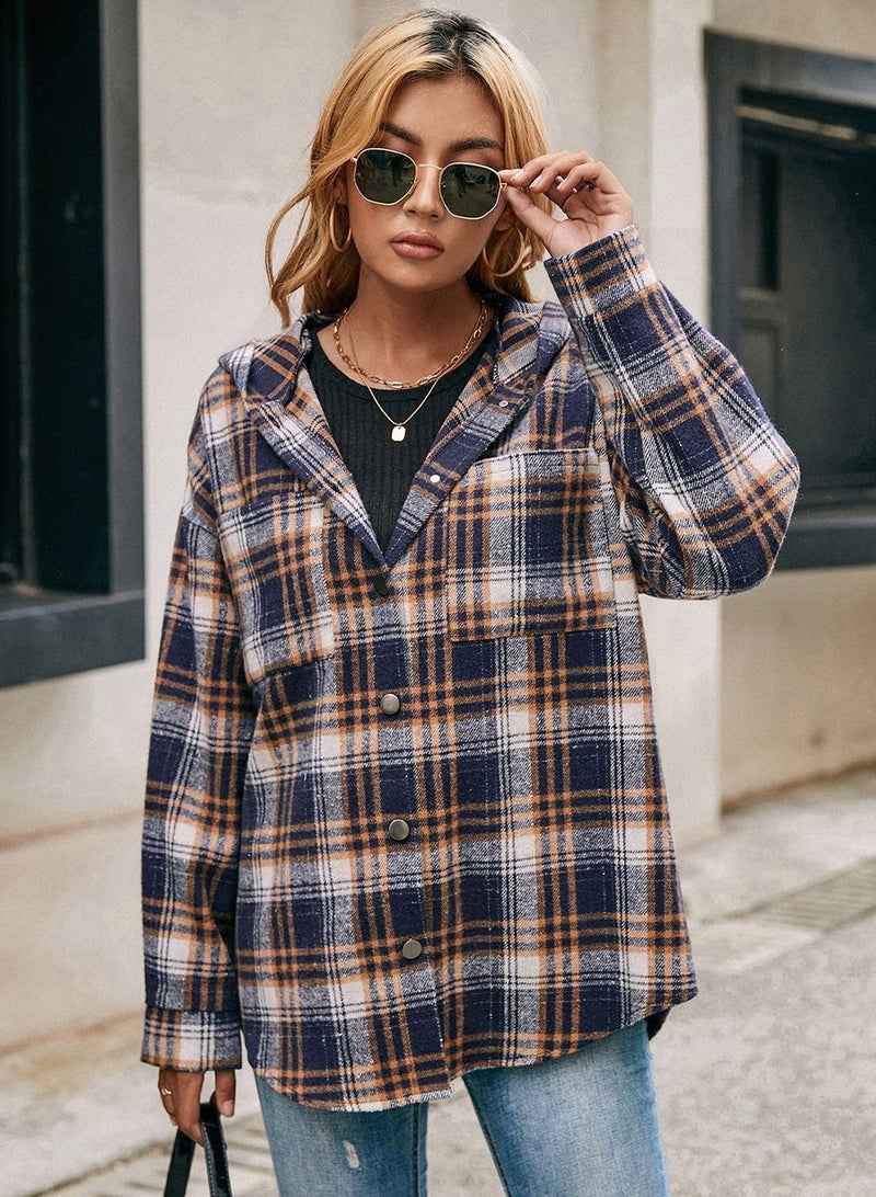 Loquat Hooded Loose Casual Cardigan Plaid Shirt Coat Multicolour - Image 2