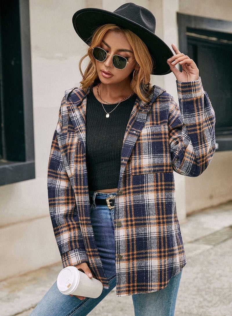 Loquat Hooded Loose Casual Cardigan Plaid Shirt Coat Multicolour - Image 1