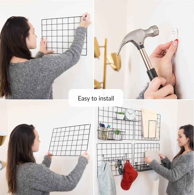 ODOXIA 2 Pack Wire Wall Grid Panel With Accessories | Includes Hanging Basket, Shelf & Hook Rack | Complete Set | Wire Notice Board | Hanging Home, Office & Kitchen Décor | Photo Board | Metal & Black - Image 4