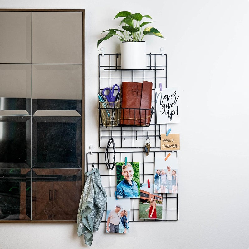 ODOXIA 2 Pack Wire Wall Grid Panel With Accessories | Includes Hanging Basket, Shelf & Hook Rack | Complete Set | Wire Notice Board | Hanging Home, Office & Kitchen Décor | Photo Board | Metal & Black - Image 2