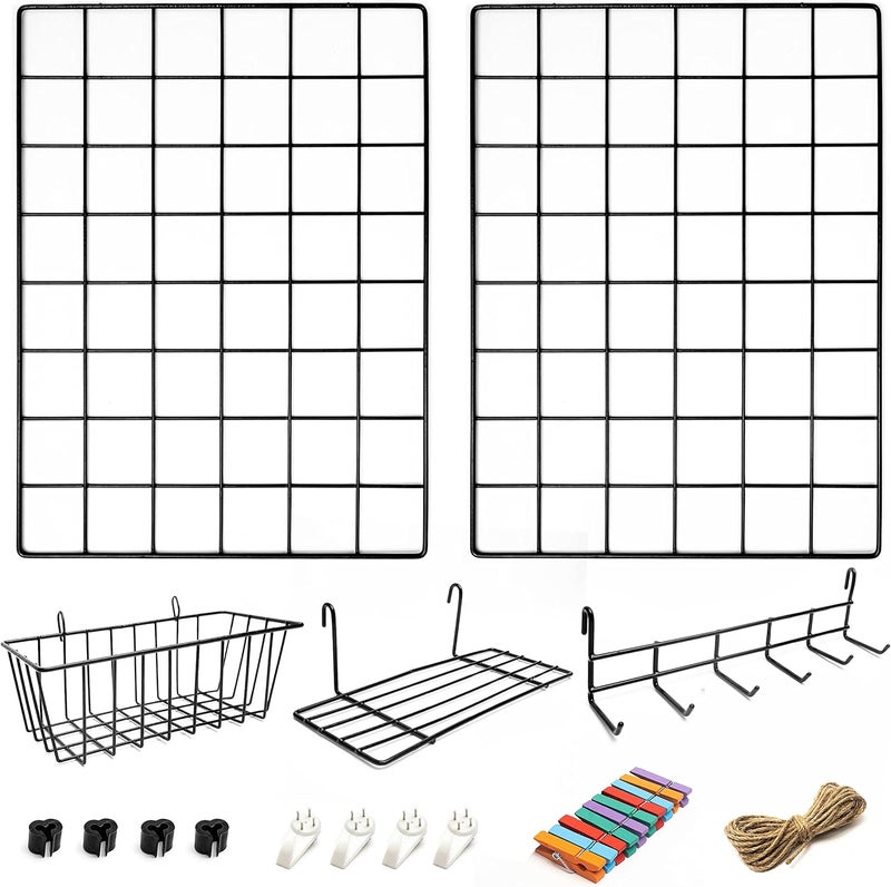 ODOXIA 2 Pack Wire Wall Grid Panel With Accessories | Includes Hanging Basket, Shelf & Hook Rack | Complete Set | Wire Notice Board | Hanging Home, Office & Kitchen Décor | Photo Board | Metal & Black - Image 1