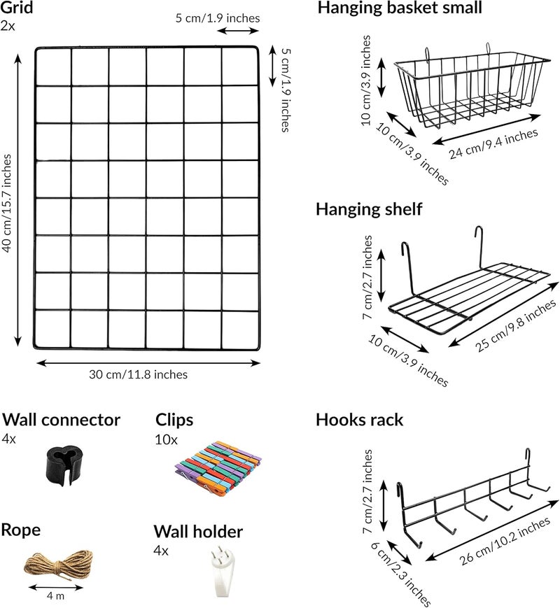 ODOXIA 2 Pack Wire Wall Grid Panel With Accessories | Includes Hanging Basket, Shelf & Hook Rack | Complete Set | Wire Notice Board | Hanging Home, Office & Kitchen Décor | Photo Board | Metal & Black - Image 3