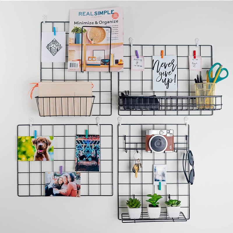ODOXIA 2 Pack Wire Wall Grid Panel With Accessories | Includes Hanging Basket, Shelf & Hook Rack | Complete Set | Wire Notice Board | Hanging Home, Office & Kitchen Décor | Photo Board | Metal & Black - Image 5