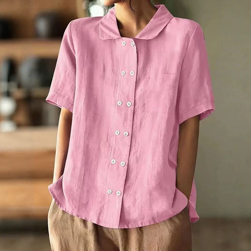 Women's Linen-Cotton Blend Short Sleeve Shirt with Pockets - Image 4