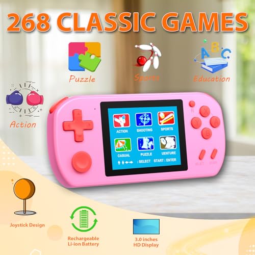 BEICO Handheld Games for Kids Adults with Built in 268 Classic Retro Video Games,3.0'' Color Screen Rechargeable Portable Arcade Gaming Player,Boys Girls Travel Electronics Toys Birthday Gift (B-Pink) - Image 2
