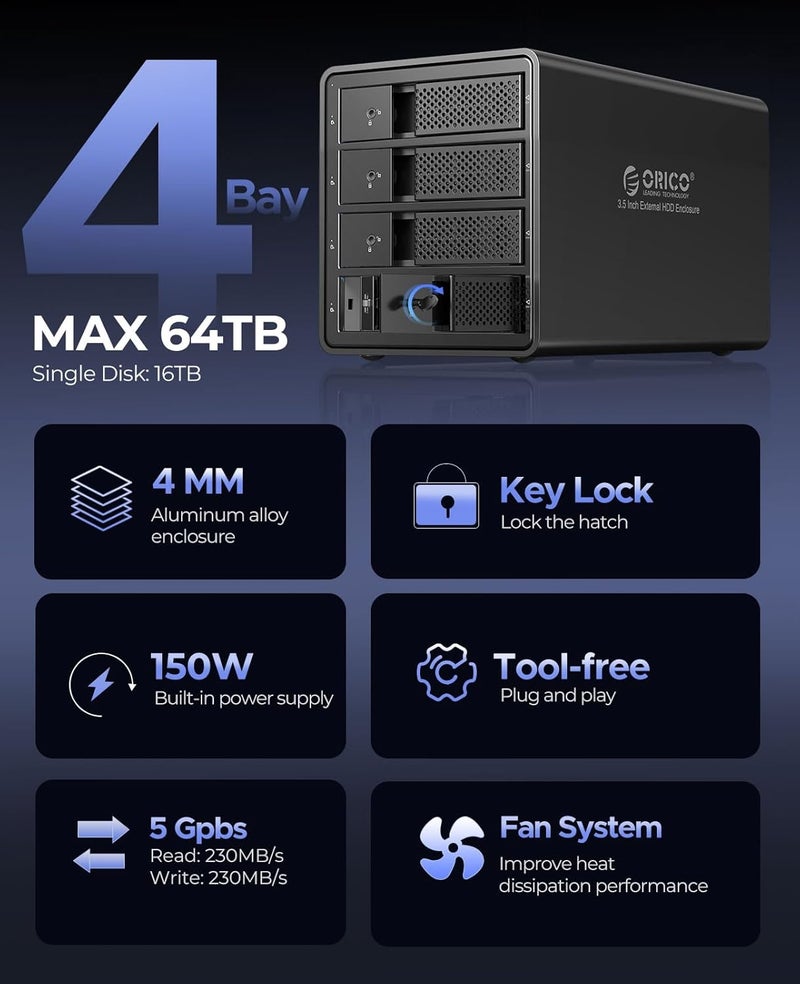 Orico 4 Bay Hard Drive Enclosure Aluminum USB3.0 with Hard Drive Tray-Less Design, Build-in 80mm Cooling Fan and 150W Power Supply Max Up to 64TB-9548 - Image 3
