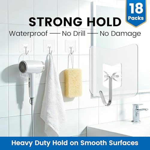 nabreeli Heavy Duty Adhesive Hooks 18 Pack - Holds 15 lbs, No Drill Stick Plastic Hook Hangers for Hanging Towel Shower Bathroom, Kitchen, Cabinet - Strong Wall Hanger for Ornaments, Apartment Bedroom - Image 2