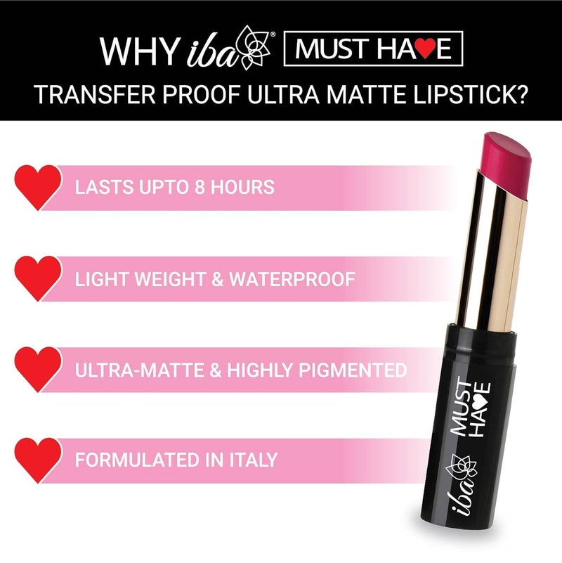 Iba Iba Must Have Transfer Proof Ultra Matte Lipstick for Women 07 Pick Me Up 32g Enriched with Vitamin E and Cocoa Butter Lasts upto 8hrs Long Lasting Matte Finish SmudgeProof Waterproof Lightweight Highly Pigmented Hydrated Lips Lip Makeup - Image 5