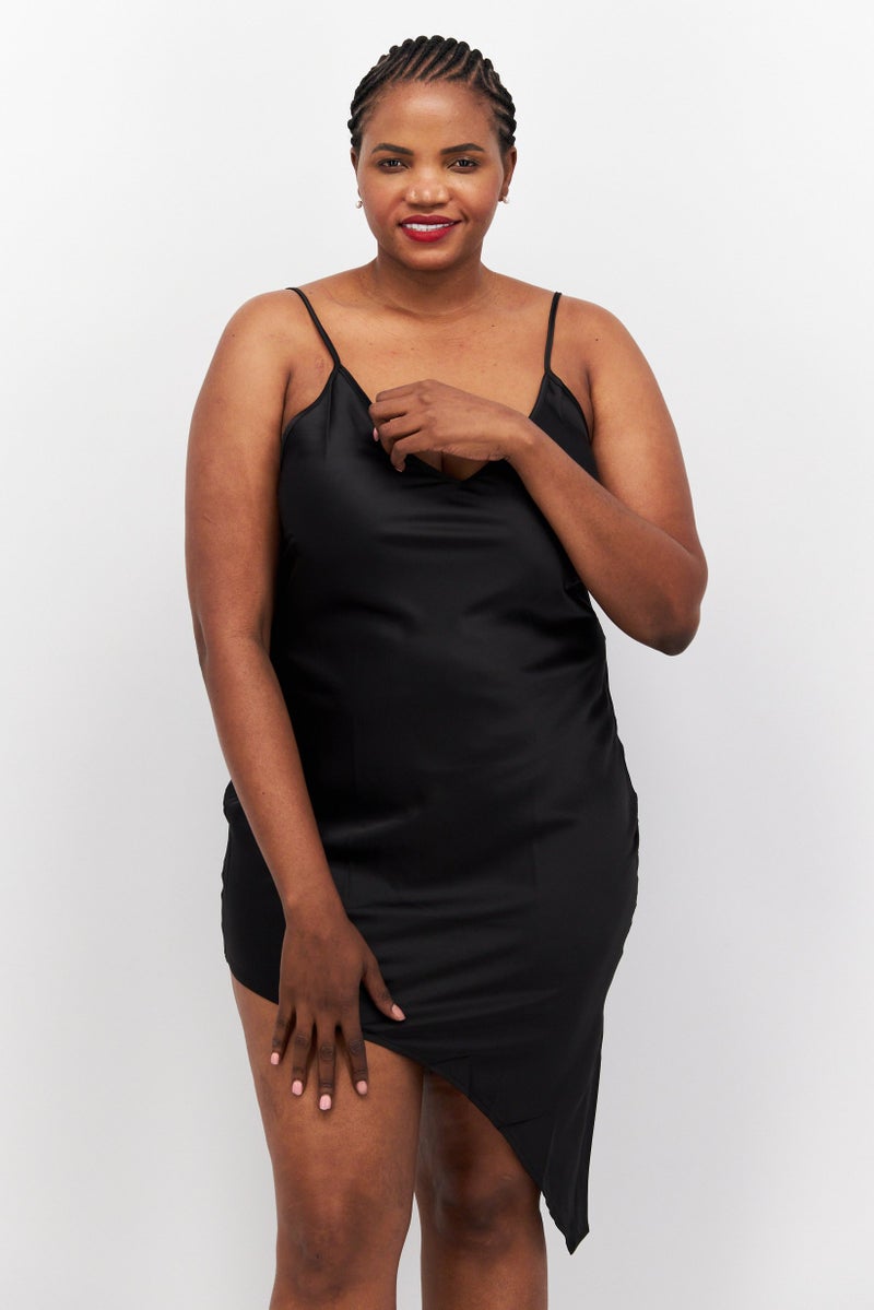 Flounce London Women Plus Size Plain Asymmetric Hem Mini Dress, Black - Image 1