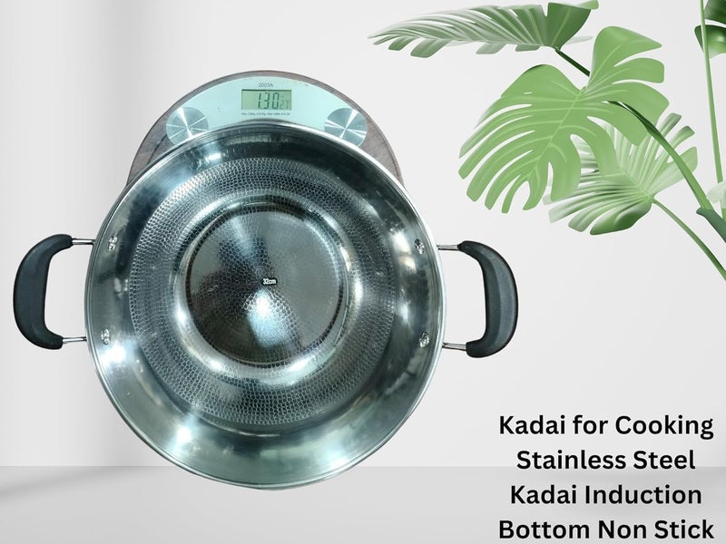 Yopple Stainless Steel Non-Stick Deep Kadai Wok, 4000ml Heavy Base Frying & Cooking Pot, Induction Bottom Stockpot, Extra-Large Stewpot with Handles, Multi-Purpose Kitchen Cookware - Image 4
