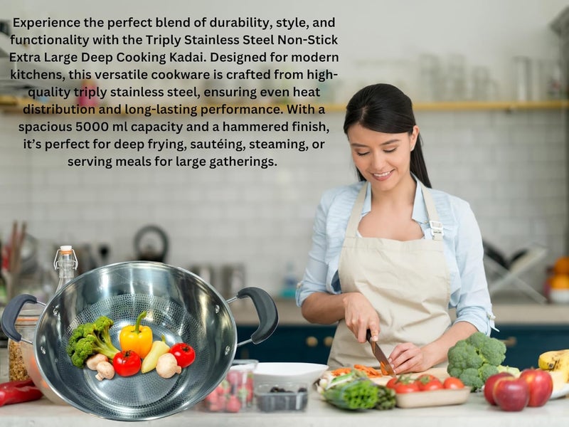 Yopple Stainless Steel Non-Stick Deep Kadai Wok, 4000ml Heavy Base Frying & Cooking Pot, Induction Bottom Stockpot, Extra-Large Stewpot with Handles, Multi-Purpose Kitchen Cookware - Image 5
