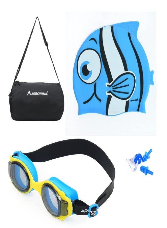 SHIFTER Kids Swimming Combo Set KIT Fish Shape Cap with Premium Anti Fog Swimming Goggle, EARPLUGS Set & NOSEPLUG for Boys and Girls Junior Size with Duffle Carry Multi Purpose KIT Bag (Blue Cap) - Image 2