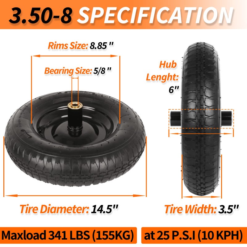 GICOOL 14.5" Wheelbarrow Tire, 3.50-8â€ Pneumatic Tire, Universal Wheelbarrow Wheel for 4.80/4.00-8â€, 4.00-6â€, and 2.50-8â€, with 6" Centered Hub, 5/8" Axle Bore Hole, Sealed Bearings - Image 2