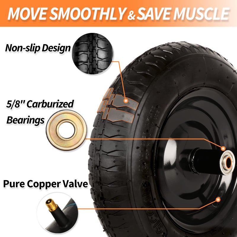 GICOOL 14.5" Wheelbarrow Tire, 3.50-8â€ Pneumatic Tire, Universal Wheelbarrow Wheel for 4.80/4.00-8â€, 4.00-6â€, and 2.50-8â€, with 6" Centered Hub, 5/8" Axle Bore Hole, Sealed Bearings - Image 4