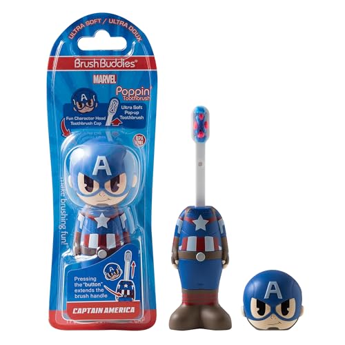 Brush Buddies Marvel Captain America Kids Toothbrush, Soft Rounded Bristles, Poppin' Fun Superhero Toothbrush Cover - Image 1