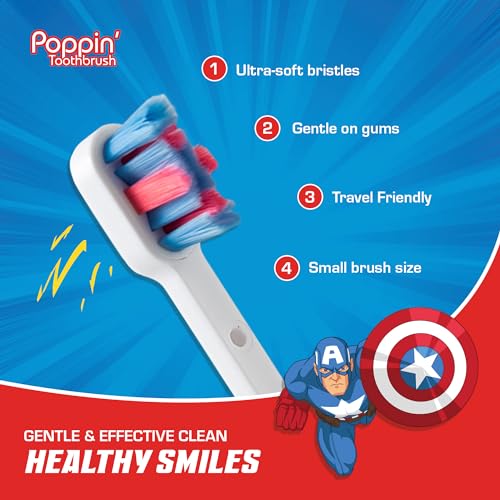 Brush Buddies Marvel Captain America Kids Toothbrush, Soft Rounded Bristles, Poppin' Fun Superhero Toothbrush Cover - Image 5