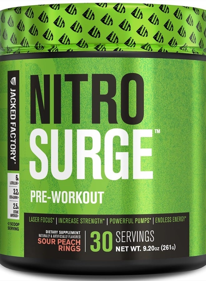 Jacked Factory NITROSURGE Pre Workout Supplement - Endless Energy, Instant Strength Gains, Clear Focus, Intense Pump - NO Booster & Preworkout Powder with Beta Alanine - 30 Servings, Sour Peach Rings - Image 1