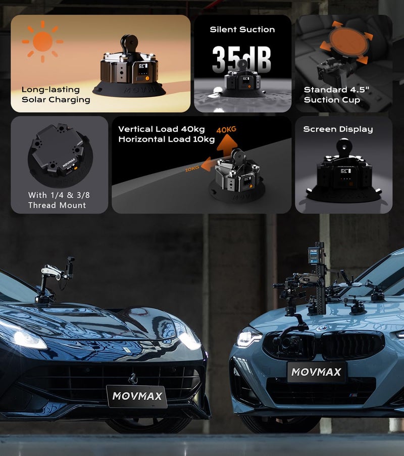 Vaxis Global MOVMAX 4.5" Solar Electronic Suction Cup, Compatible with Blade Arm & Razor Arm for Pocket 3/Action Camera/Camera Car Mount, Solar-Powered/Auto Pressure Detection/LCD Display - Image 2
