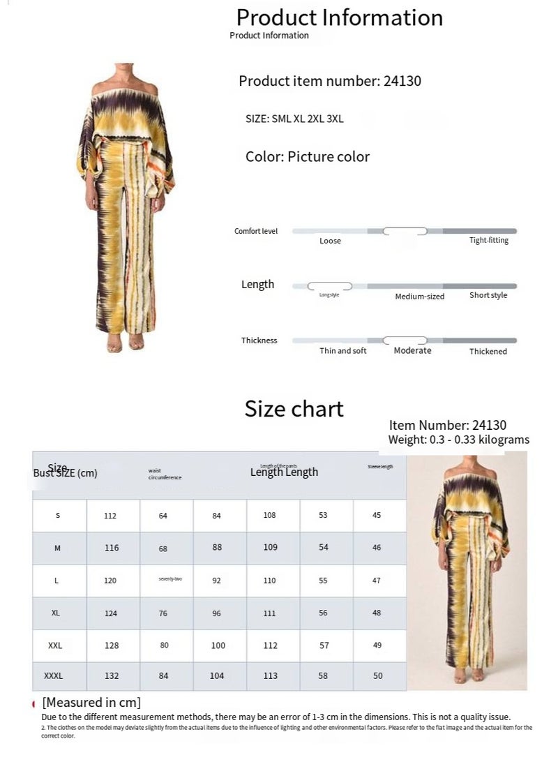 general Women's 2025-2026 Fashion Print Round Neck Loose Batwing Sleeve Waist Cinched Wide Leg Pants Set - Image 2