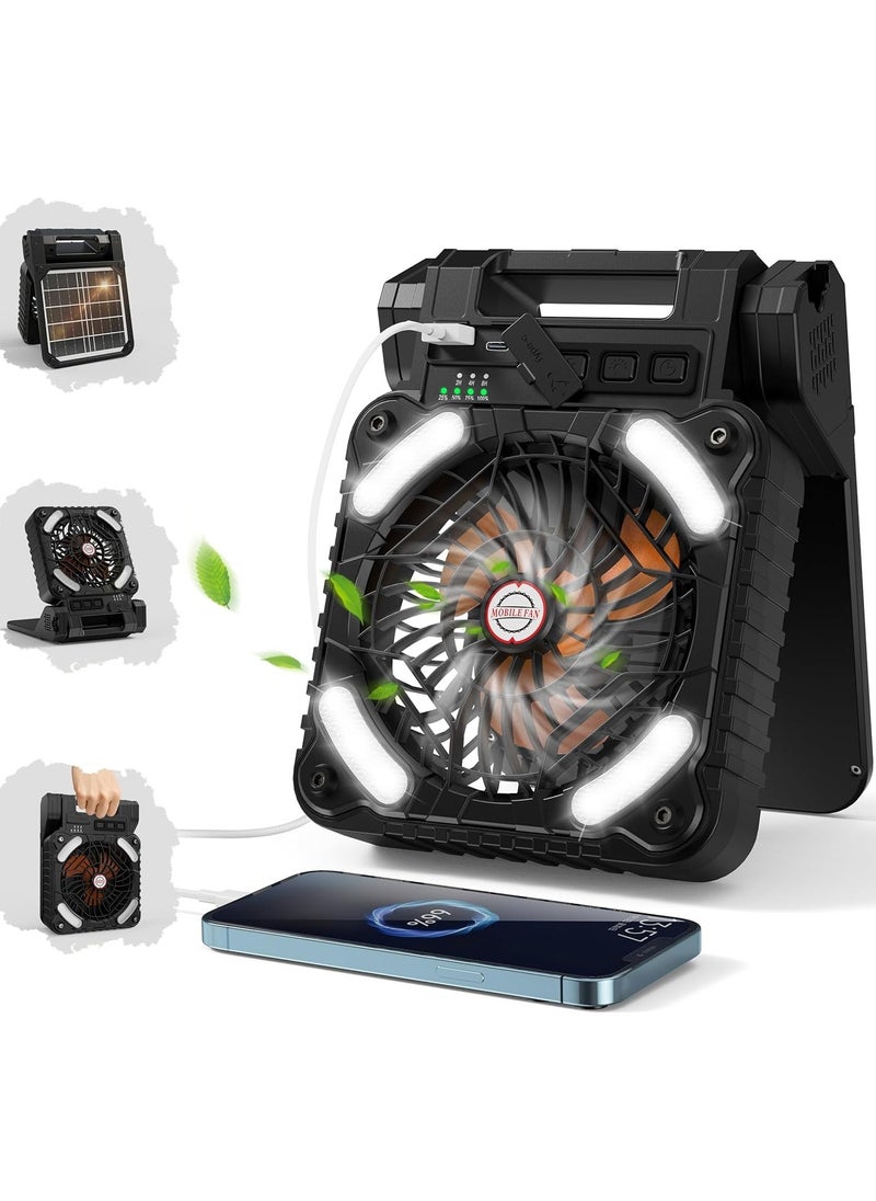 Generic - Portable Solar Fan, 5200mAh Battery Powered Fan with LED Light, 4 Speeds Powerful Wind, Rechargeable Battery Operated Fan with 3 Timer & PowerBank for Hurricane Picnic Tent Home Travel - Image 1