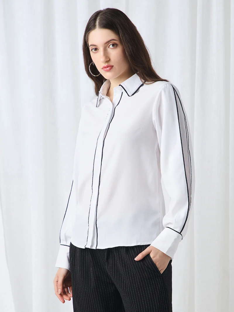 globus Globus Women White Collared Neck Cuffed Sleeves Piping Detail Workwear Shirt