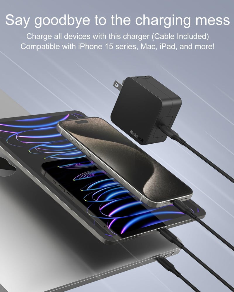 Nekteck شاحن USB C بقوة 60 واط للشحن السريع، تقنية Nekteck GaN PD 3.0 للشحن السريع مع قابس قابل للطي، متوافق مع MacBook Air/Pro، iPhone 15/16/17 - Image 2