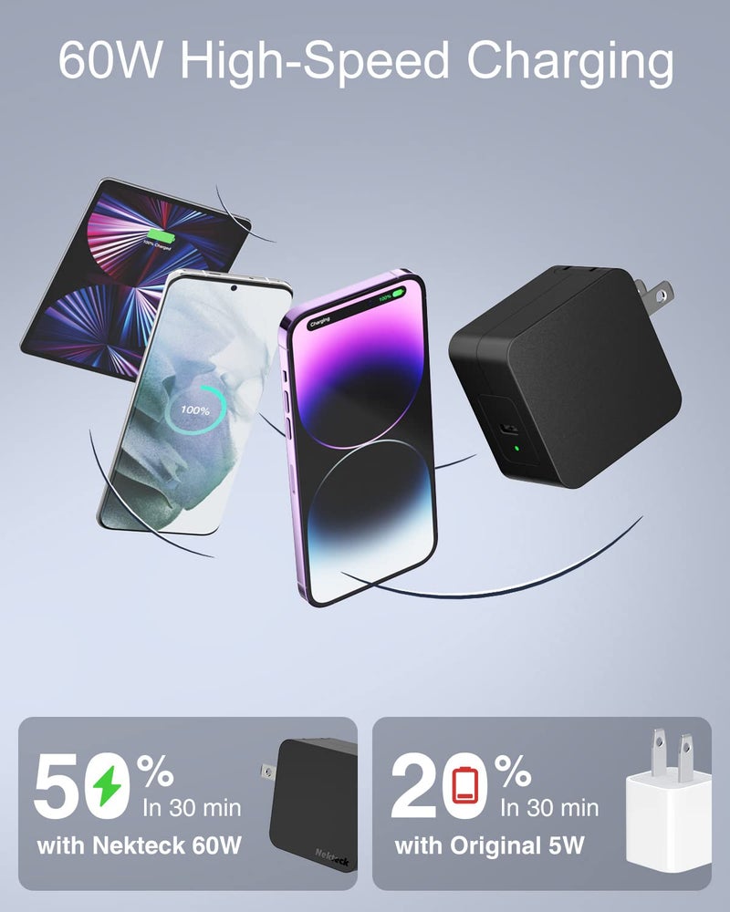 Nekteck شاحن USB C بقوة 60 واط للشحن السريع، تقنية Nekteck GaN PD 3.0 للشحن السريع مع قابس قابل للطي، متوافق مع MacBook Air/Pro، iPhone 15/16/17 - Image 3