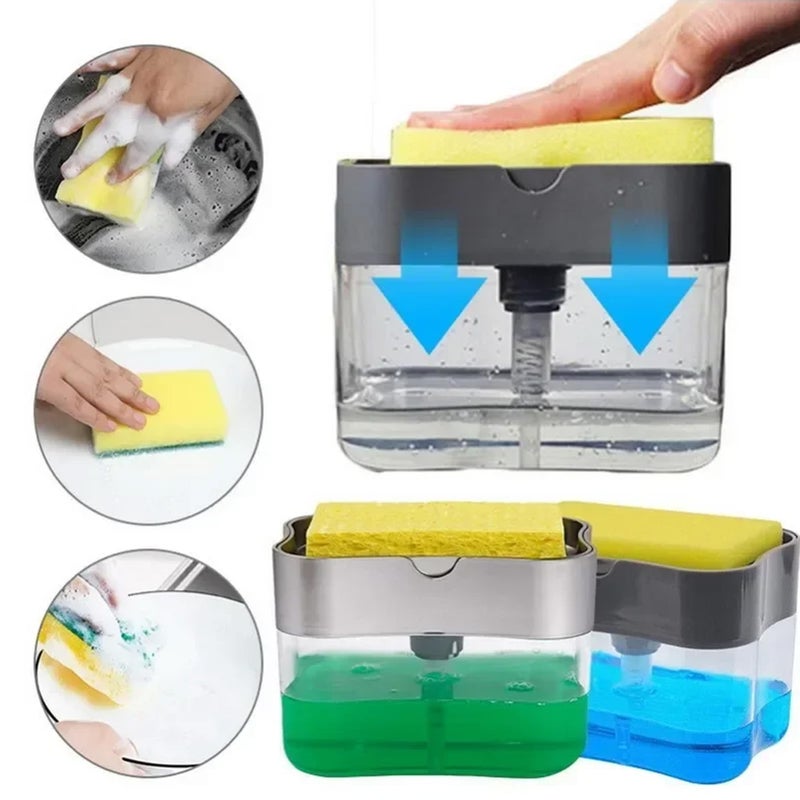 Brain Freezer 2 in 1 Soap Dispenser for Bathroom Accessories Dishwasher Liquid Holder Liquid Dispenser Pump 385 ML with Sponge Holder Kitchen Sink Accessories Items (Grey) - Image 4