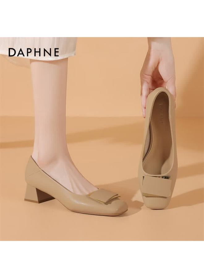 Daphne Women's Single Shoes, Cowhide Versatile Square Toe Chunky Heel High Heels, Commuter Women's Shoes 4024404003 Apricot Color Size 40 - Image 3