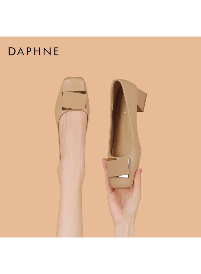 Daphne Women's Single Shoes, Cowhide Versatile Square Toe Chunky Heel High Heels, Commuter Women's Shoes 4024404003 Apricot Color Size 40 - Image 1