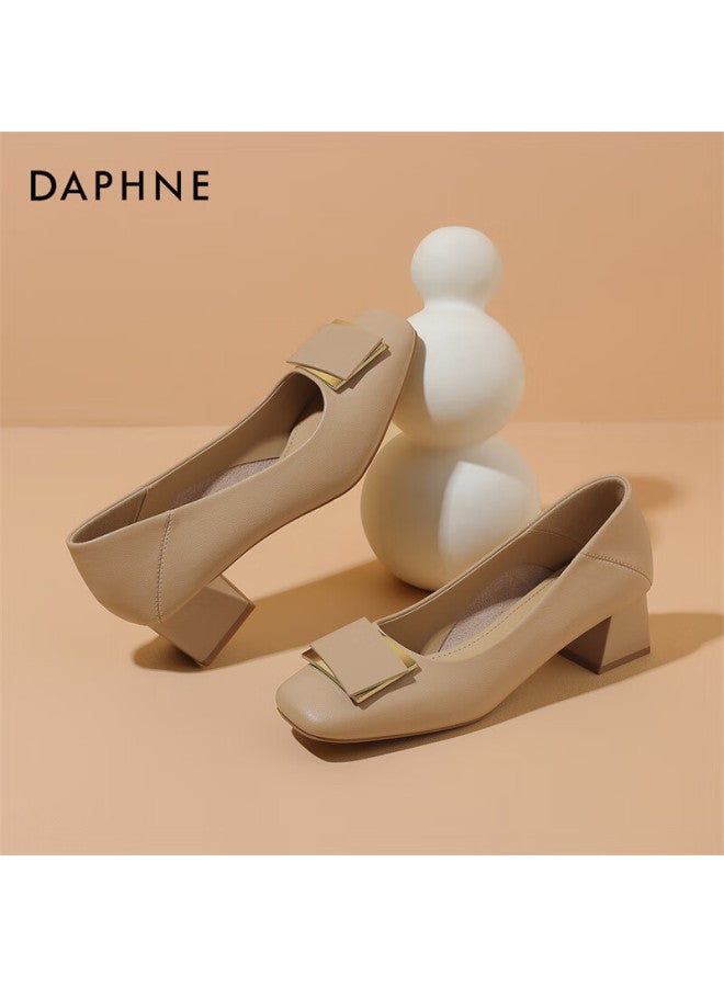 Daphne Women's Single Shoes, Cowhide Versatile Square Toe Chunky Heel High Heels, Commuter Women's Shoes 4024404003 Apricot Color Size 40 - Image 4