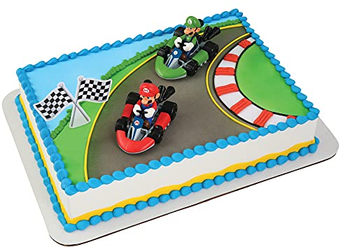 DecoPac DecoSet Mario Kart Cake Topper 3 Piece Cake Decoration with Race Kart Toppers Checkered Flag Decoration Collectible Character Karts for Hours of Fun After the Party - Image 1