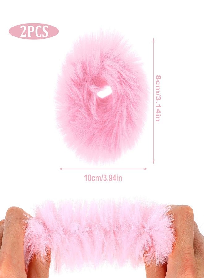 Qulkws 2 Pcs Fuzzy Scrunchies for Women, Fluffy Scrunchies, Pink Pom Pom HairTie, Fuzzy Furry Faux Rabbit Fur Scrunchy, Elastic Bobbles Hair Bands for Women Hair Accessories (Pale Pink) - Image 2