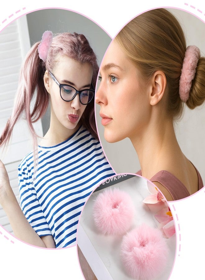 Qulkws 2 Pcs Fuzzy Scrunchies for Women, Fluffy Scrunchies, Pink Pom Pom HairTie, Fuzzy Furry Faux Rabbit Fur Scrunchy, Elastic Bobbles Hair Bands for Women Hair Accessories (Pale Pink) - Image 3
