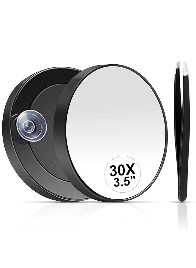 erorex 30X Magnifying Mirror Small Magnifying Mirror With Suction Cup And Tweezers As A Travel Magnifying Mirror Compact Mirror Set For Plucking Eyebrows 3.5 Inches - Image 1