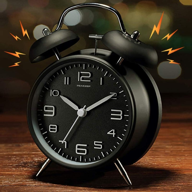 Peakeep 4 Inches Twin Bell Loud Alarm Clock for Heavy Sleepers, Backlight, Battery Operated Old Fashioned Alarm Clock for Bedrooms (Black) - Image 2