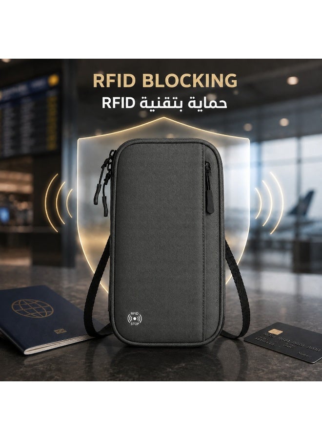 عِيشَالِي محفظة جواز سفر مع حماية RFID وتصميم متعدد الأقسام وخيارات حمل حول الرقبة وكروس وعلى المعصم، رمادي - Image 2