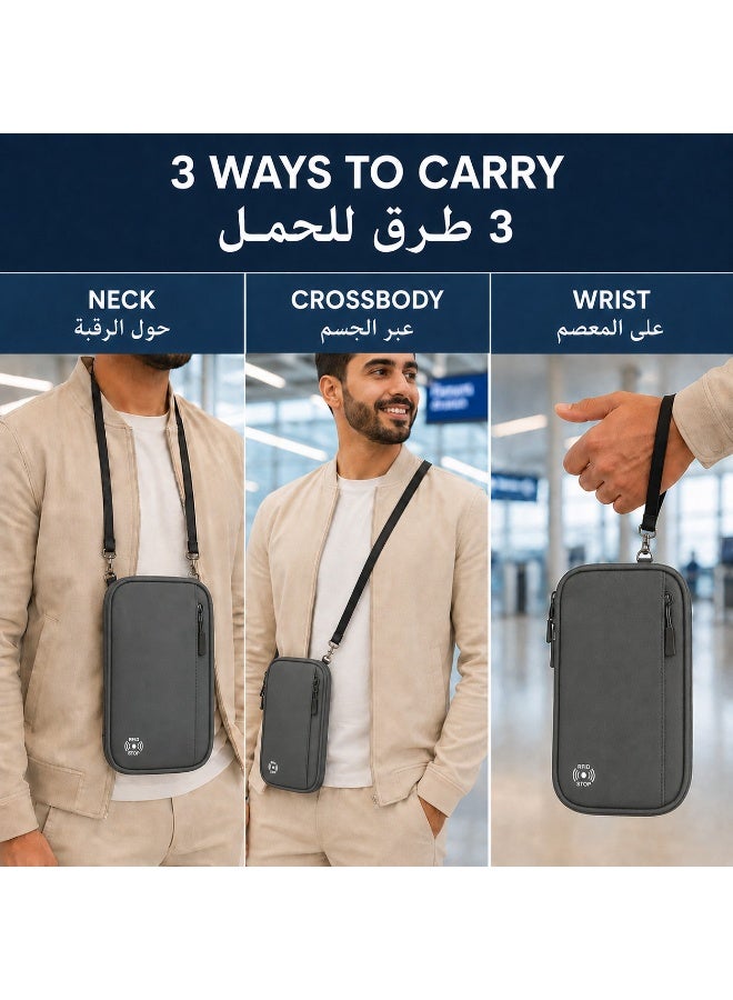 عِيشَالِي محفظة جواز سفر مع حماية RFID وتصميم متعدد الأقسام وخيارات حمل حول الرقبة وكروس وعلى المعصم، رمادي - Image 4