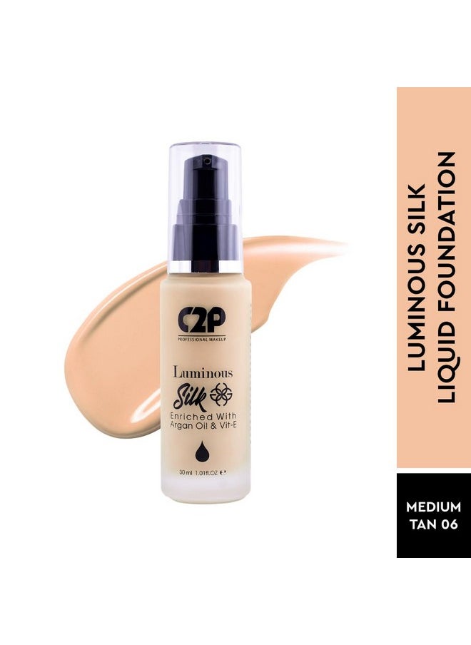 سي2بي بروفيشنال ميكاب كريم أساس سائل C2P Pro Luminous Silk بلون أسمر متوسط 06، 30 مل | يوفر تغطية كاملة ويمتص الزيوت | غني بزيت الأرجان وفيتامين E | مناسب لجميع أنواع البشرة  - Image 2