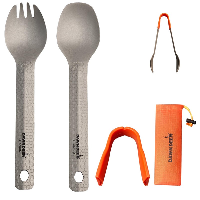 Dawn Deer 3 in1 Titanium Ultralight Cutlery Set, Long Handle Spoon and Spork, Camping tong, Travel Utensils with Bag (16CM) - Image 1