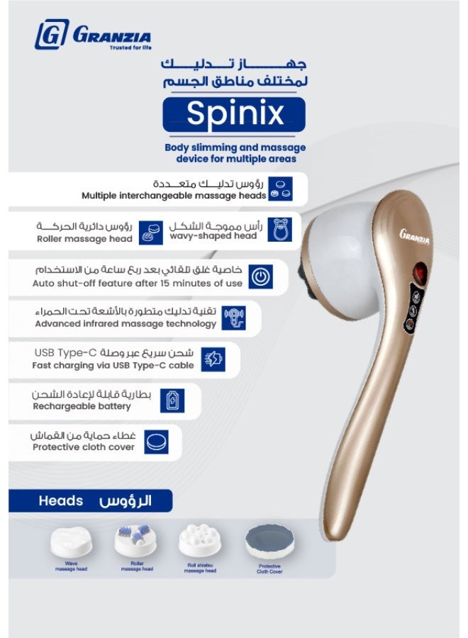 Granzia Spinix Infrared Massage Gun - 6 Intensity Levels & 4 Interchangeable Heads - Muscle Relaxation & Pain Relief - Image 3