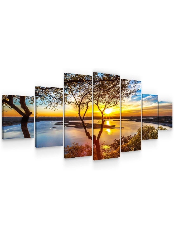 Startonight Huge Canvas Wall Art - Sunrise On The Lake Large Framed Set of 7 100 x 240 cm - Image 1