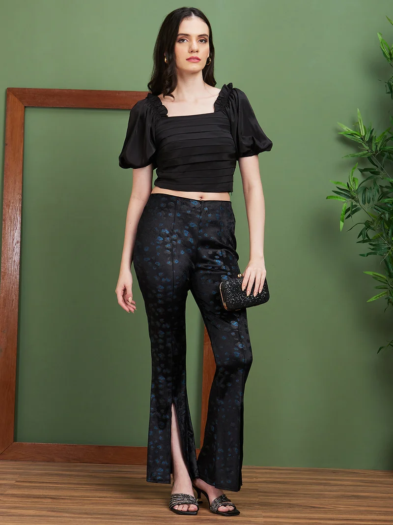 globus Women Black Abstract Printed Bootcut Trousers