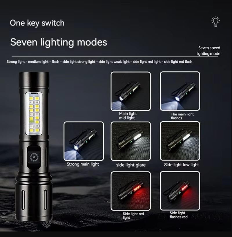 Crobat Crobat Flashlight Powerful Handy Flashlight Rechargeable TypeC LED Light White Red Light COB Work Light IPX6 Waterproof High Brightness Flashlight 6 Modes Dimmable Zoom Type Aluminum  - Image 3