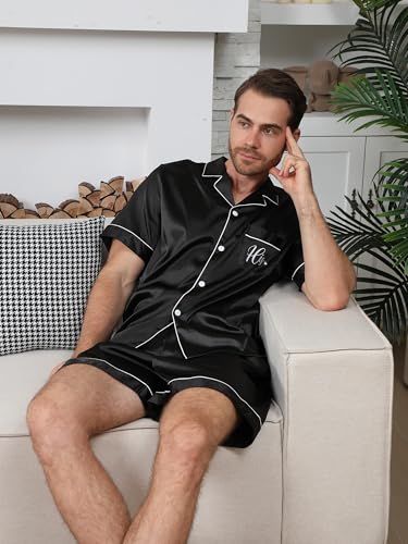 Jecery Couple Matching Pajamas Mr and Mrs Sleeve Sleepwear His and Hers Short Satin Pjs Summer Button Down Loungewear PjsMenLargeBlack Mr - Image 3