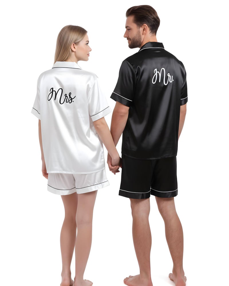 Jecery Couple Matching Pajamas Mr and Mrs Sleeve Sleepwear His and Hers Short Satin Pjs Summer Button Down Loungewear PjsMenLargeBlack Mr - Image 2
