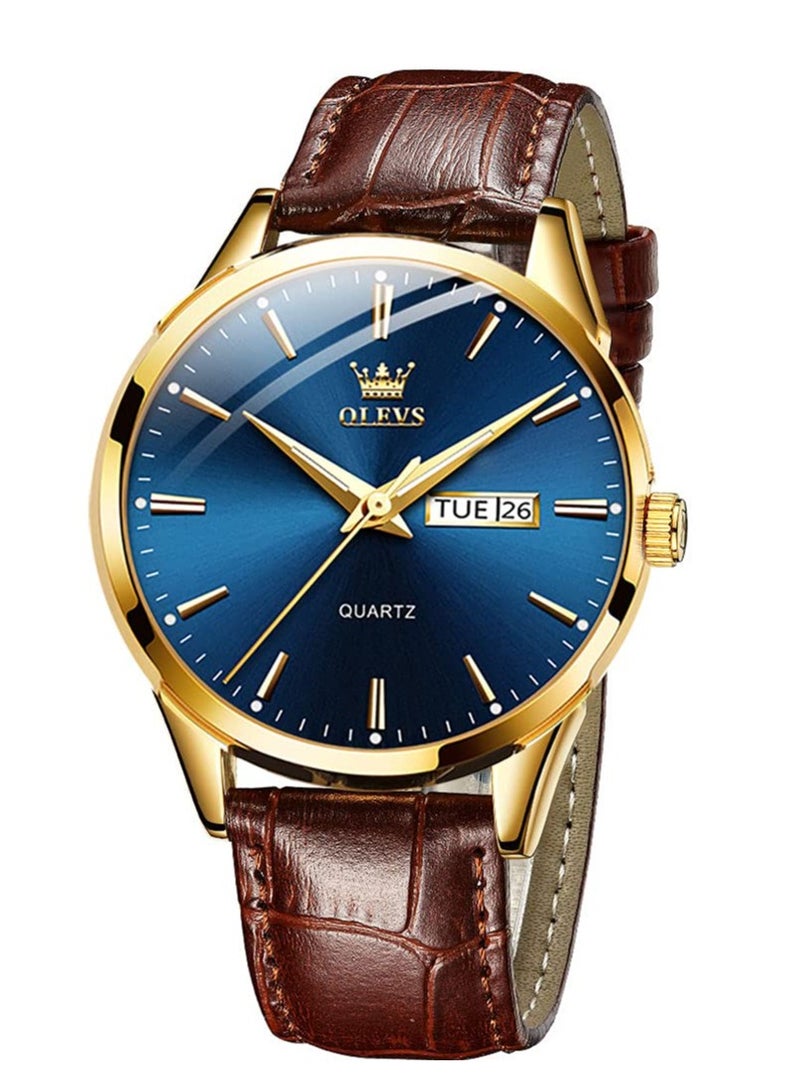 OLEVS Men's Analog Quartz Watches, Leather Strap with Day Date, Waterproof Stainless Steel Wrist Watch, Luminous Watches for Men, Fashion, Leisure - Image 1